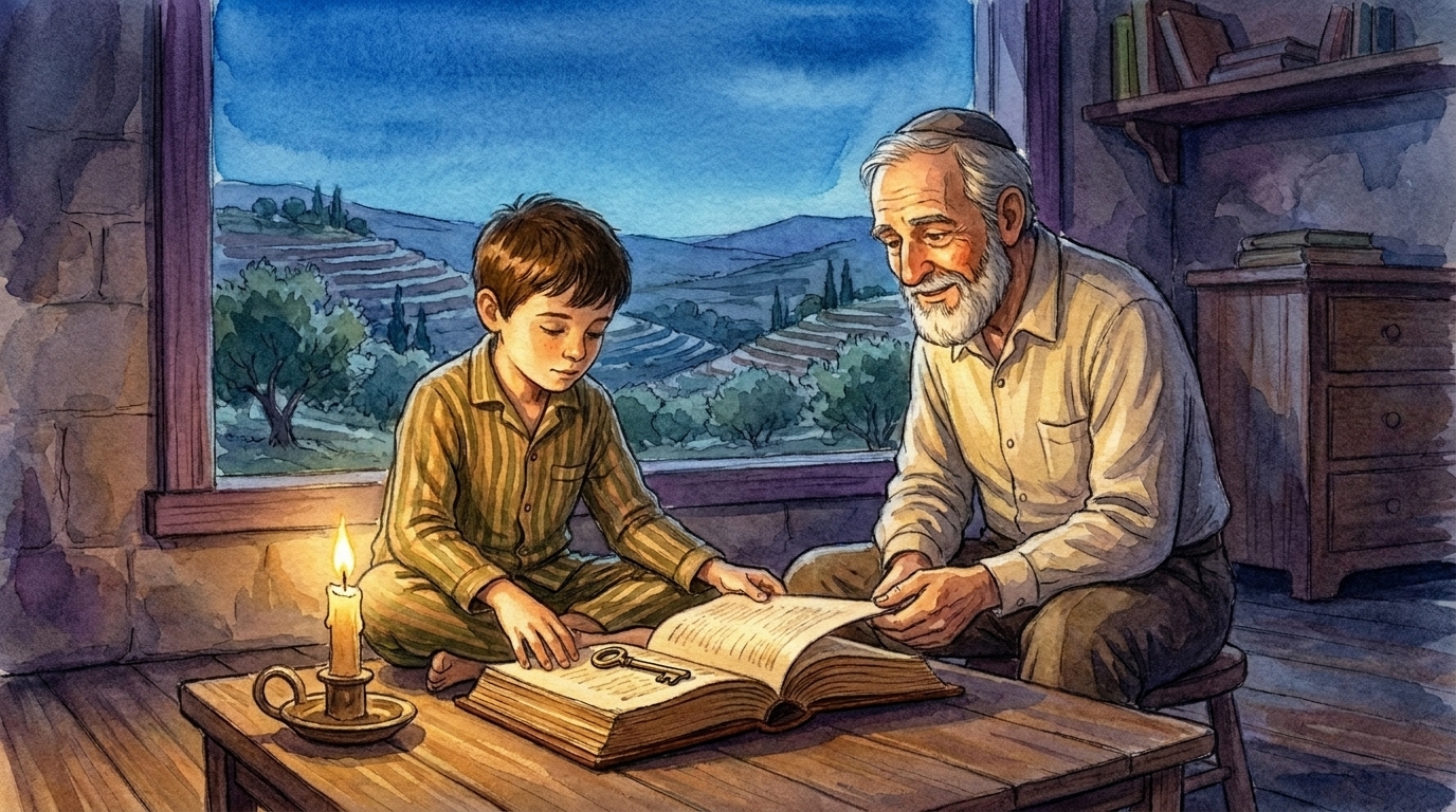 Wider view: grandfather and Tali at a low wooden table, candle between them, Judean evening sky through the window.