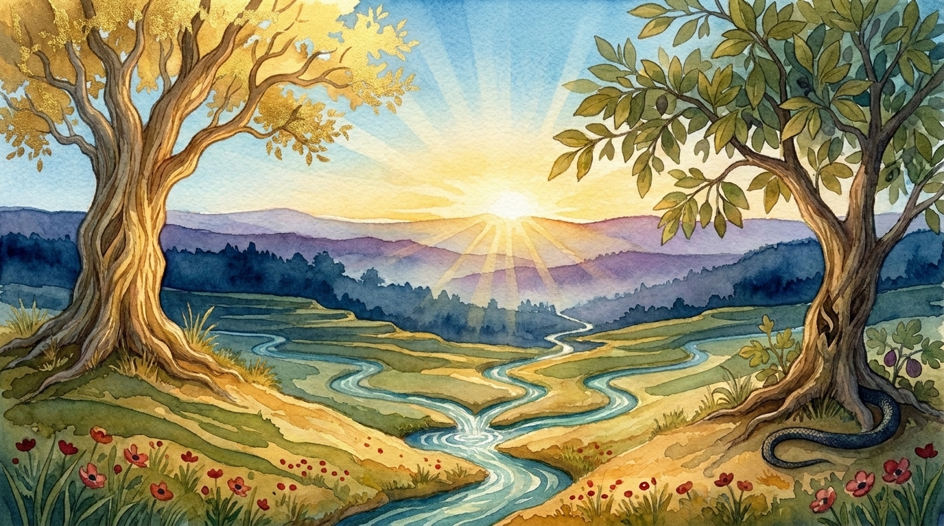 Eden at first light — two trees, four rivers, warm gold on the Tree of Life.