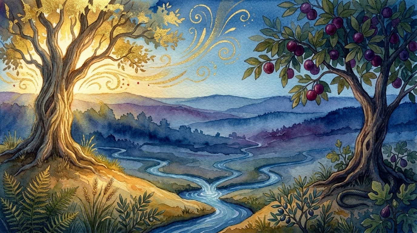 Eden at dusk — cooler tones, the first promise written in light behind the Tree of Life.