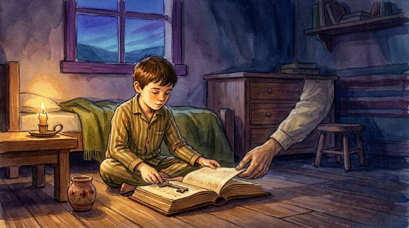 A boy in pajamas holds a candle close to the pages of an ancient open book, warm gold light on his face.